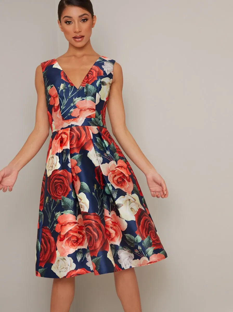 Bold Floral Print Box Pleat Midi Dress in Blue sold by Chi Chi London product image thumbnail 2
