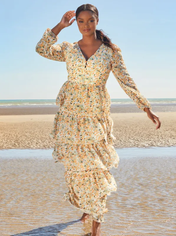 Floral Tiered Maxi Dress in Yellow sold by Chi Chi London