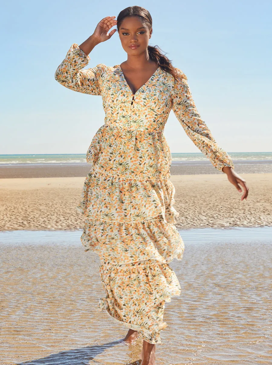 Floral Tiered Maxi Dress in Yellow sold by Chi Chi London
