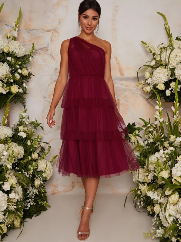 One Shoulder Tiered Tulle Midi Dress In Burgundy sold by Chi Chi London