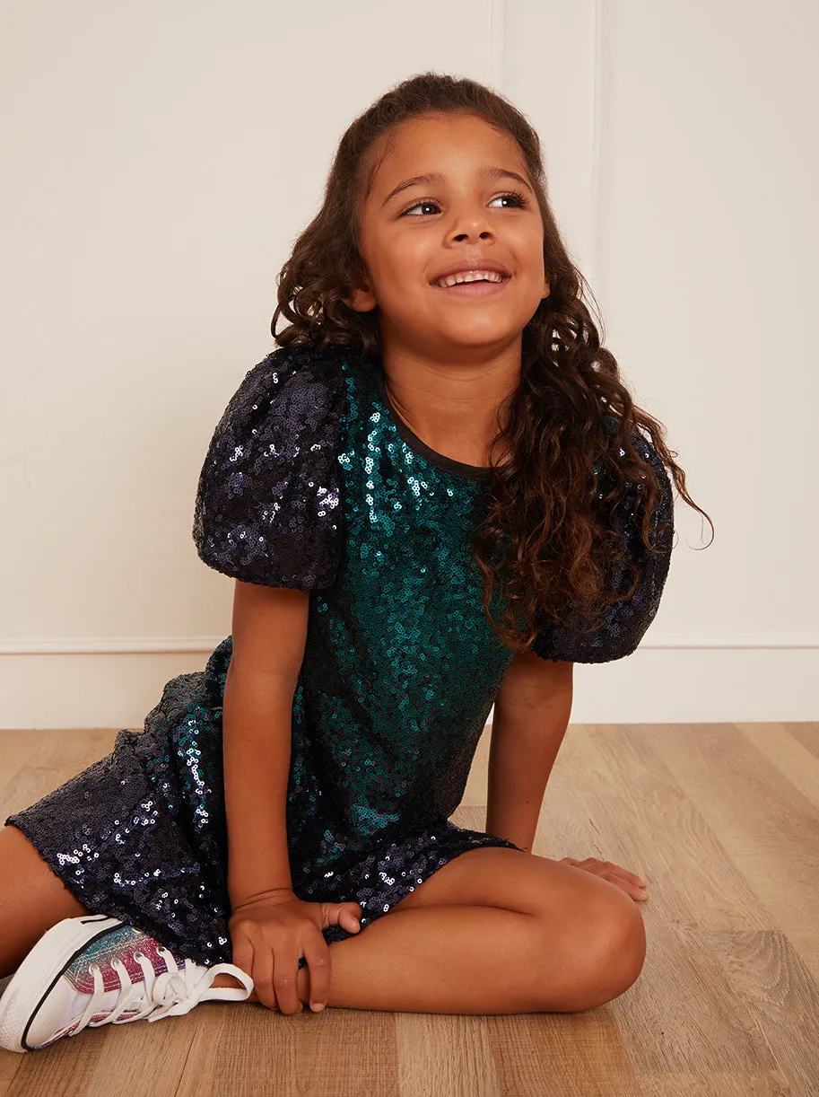 Younger Girls Puff Sleeve Sequin Midi Dress in Green sold by Chi Chi London product image thumbnail 3