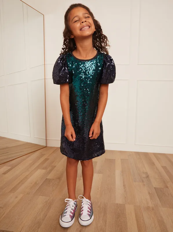 Younger Girls Puff Sleeve Sequin Midi Dress in Green sold by Chi Chi London