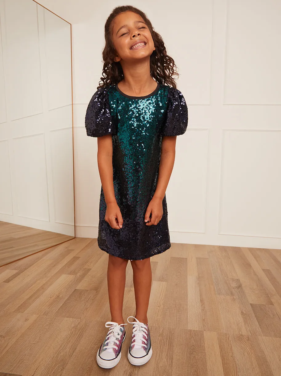 Younger Girls Puff Sleeve Sequin Midi Dress in Green sold by Chi Chi London