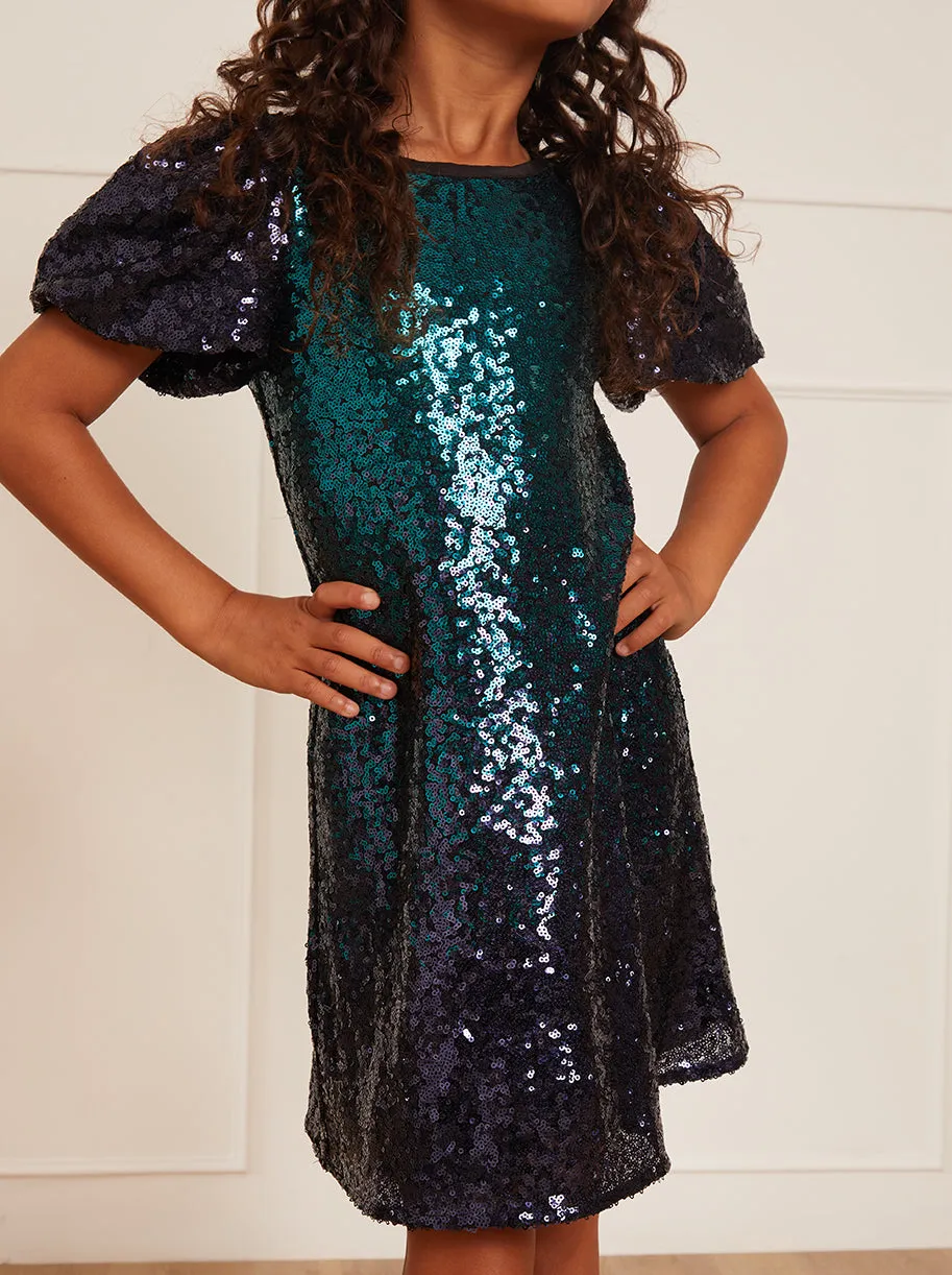 Younger Girls Puff Sleeve Sequin Midi Dress in Green sold by Chi Chi London product image thumbnail 5
