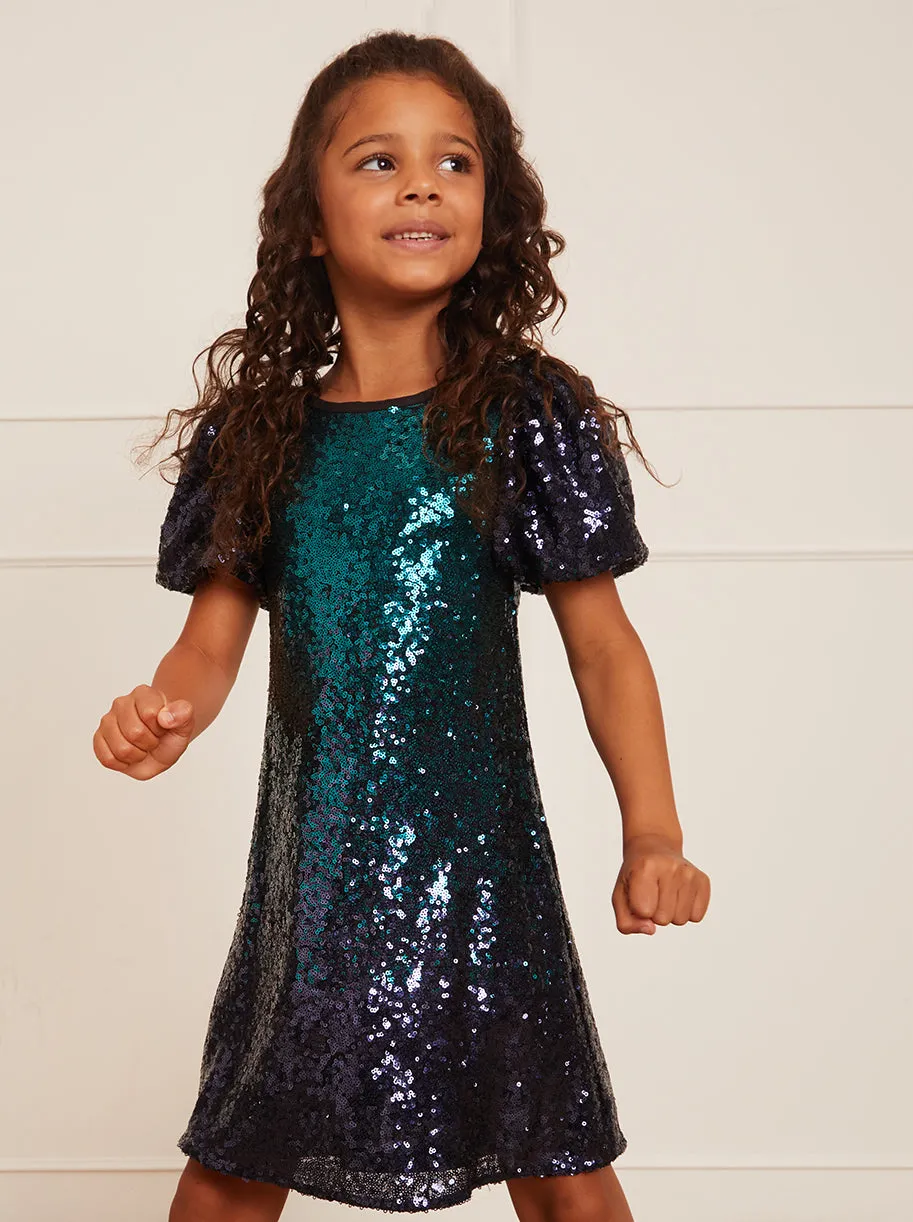 Younger Girls Puff Sleeve Sequin Midi Dress in Green sold by Chi Chi London product image thumbnail 2