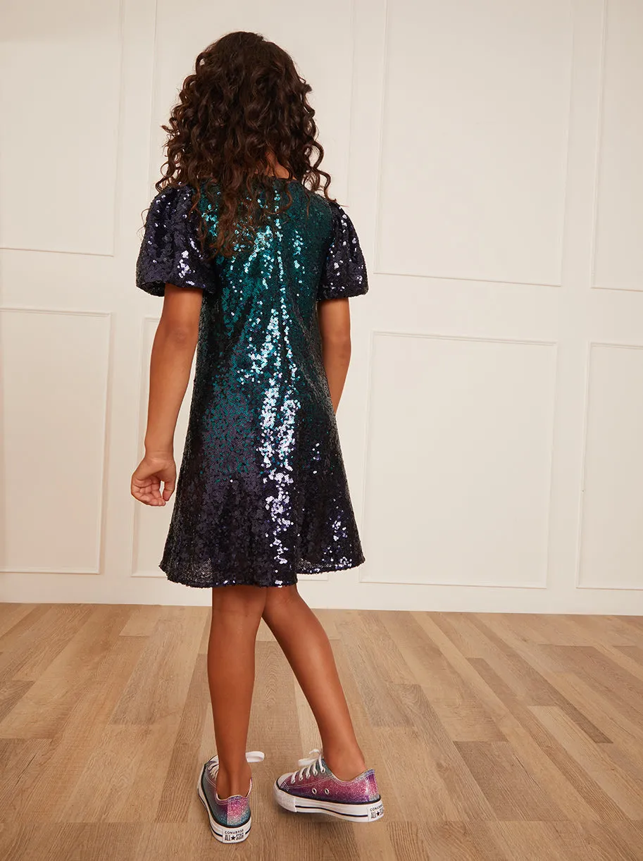 Younger Girls Puff Sleeve Sequin Midi Dress in Green sold by Chi Chi London product image thumbnail 4