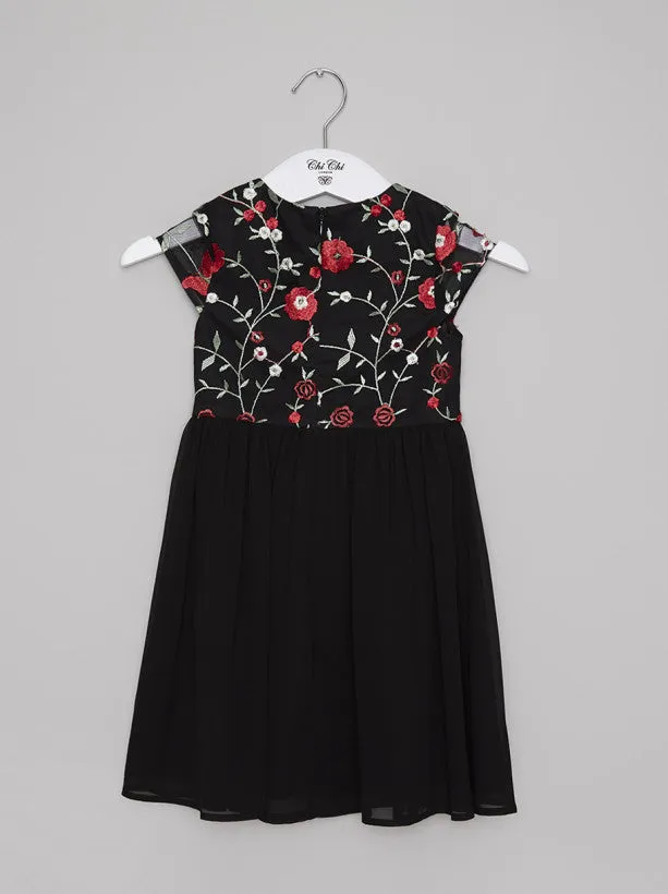 Girls Floral Embroidered Party Midi Dress in Black sold by Chi Chi London
