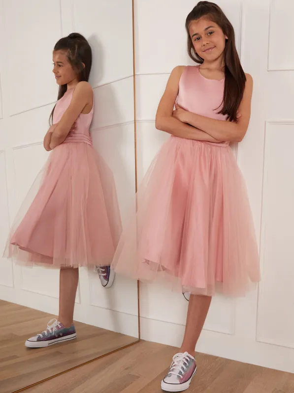 Girls Sleeveless Tulle Midi Dress in Pink sold by Chi Chi London