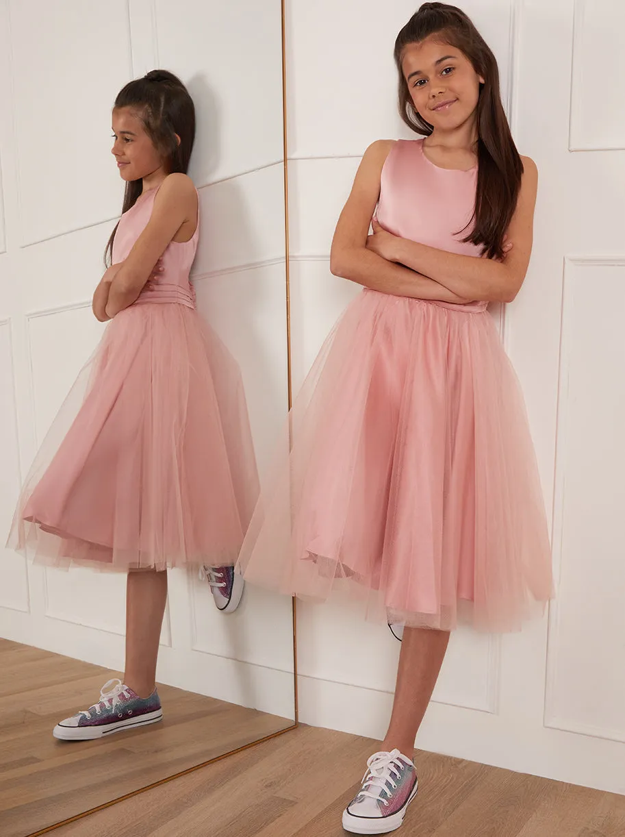 Girls Sleeveless Tulle Midi Dress in Pink sold by Chi Chi London