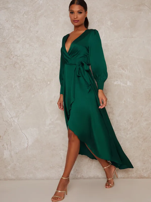 Satin Wrap Long Sleeve Dip Hem Dress in Green sold by Chi Chi London