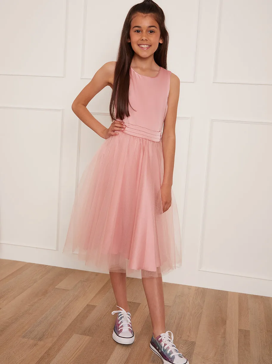 Girls Sleeveless Tulle Midi Dress in Pink sold by Chi Chi London product image thumbnail 5