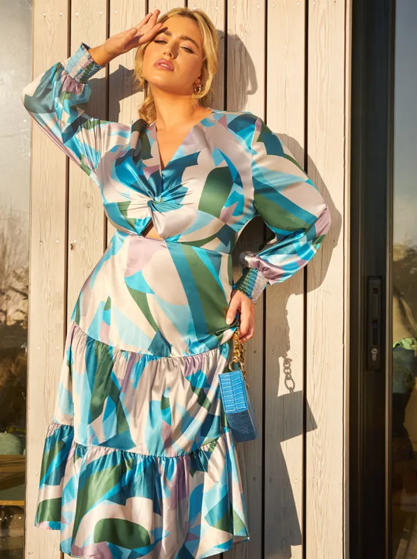 Plus Size Twist Front Abstract Printed Midi Dress in Blue sold by Chi Chi London