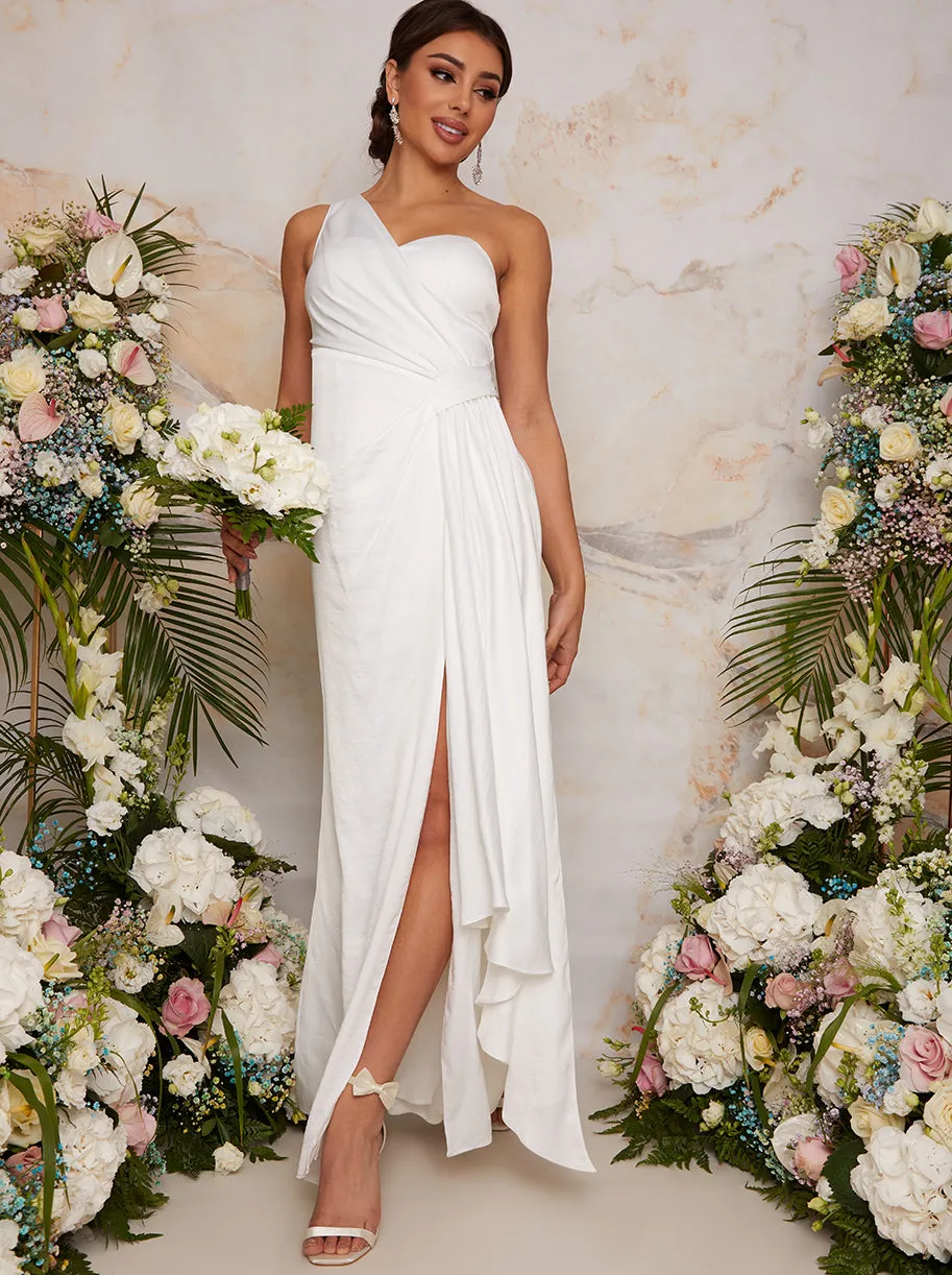 One Shoulder Satin Finish Maxi Dress in White sold by Chi Chi London