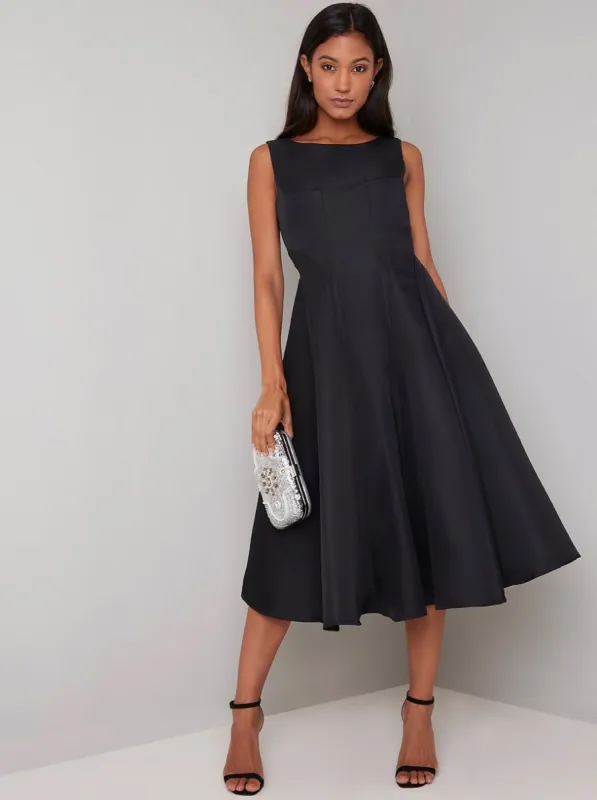 Sleeveless Midi Skater Dress in Black sold by Chi Chi London