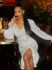 Long Sleeve V Neck Sequin Midi Dress in Silver sold by Chi Chi London