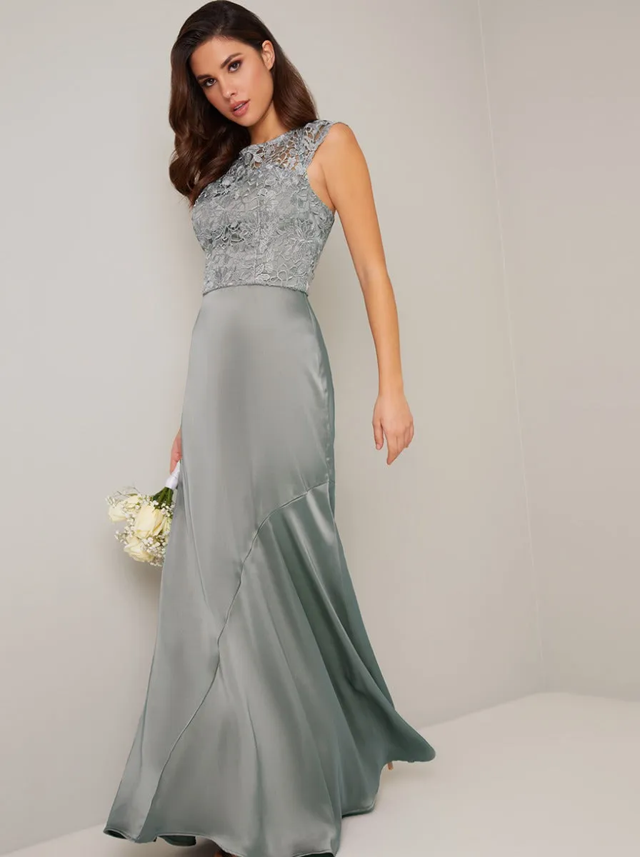 Sleeveless Crochet Maxi Bridesmaid Dress in Green sold by Chi Chi London