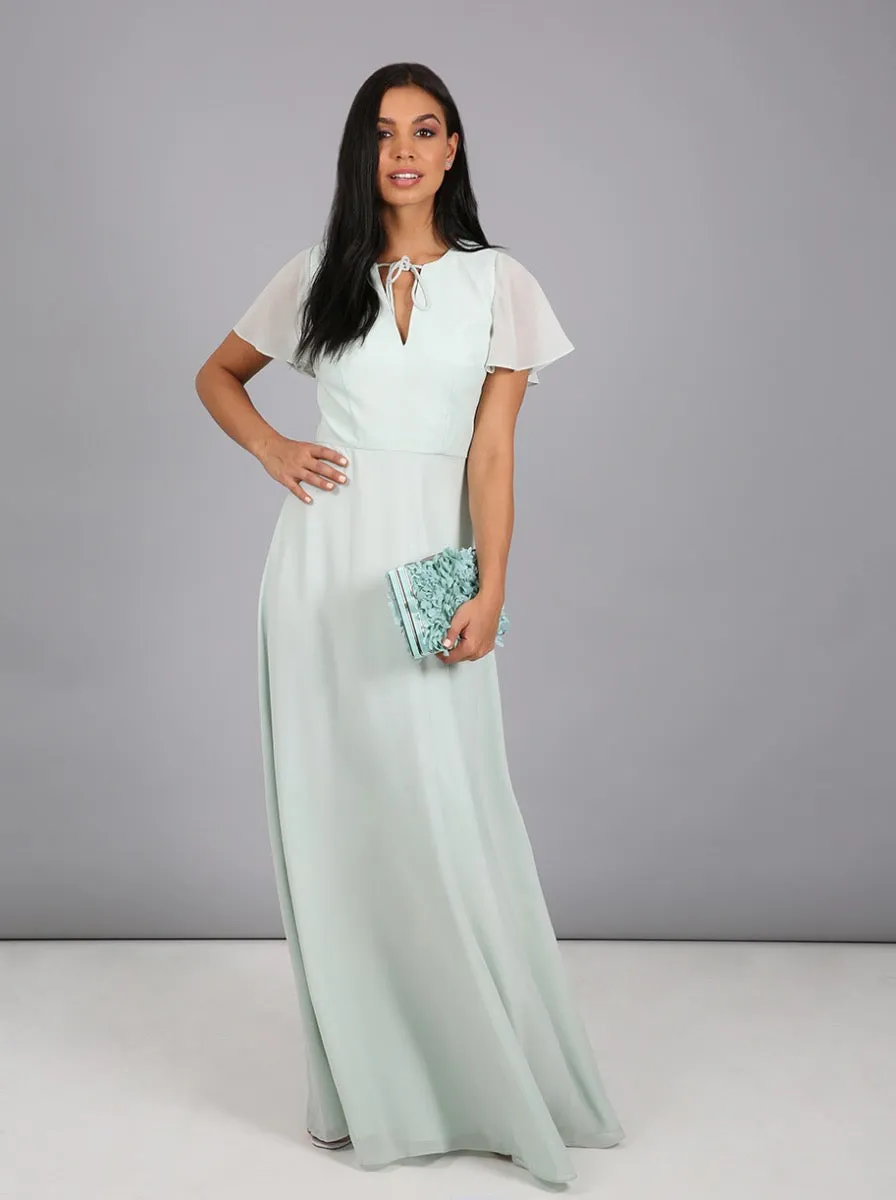 Angel Sleeved Tie Maxi Dress in Green sold by Chi Chi London