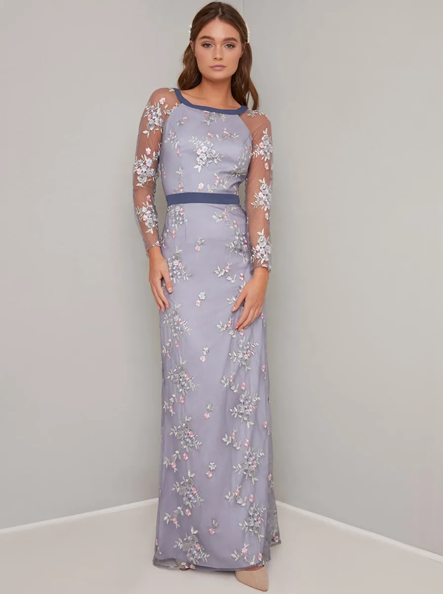 Floral Embroidered Overlay Maxi Dress in Blue sold by Chi Chi London