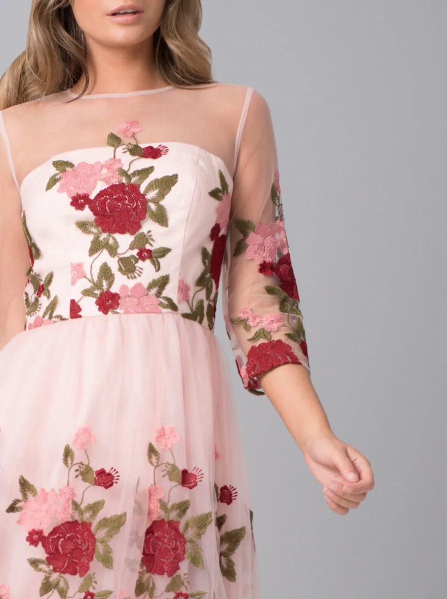 Floral Embroidered Sheer Sleeved Midi Dress in Pink sold by Chi Chi London product image thumbnail 4