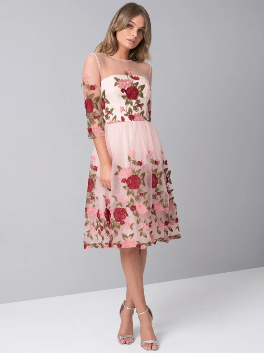 Floral Embroidered Sheer Sleeved Midi Dress in Pink sold by Chi Chi London
