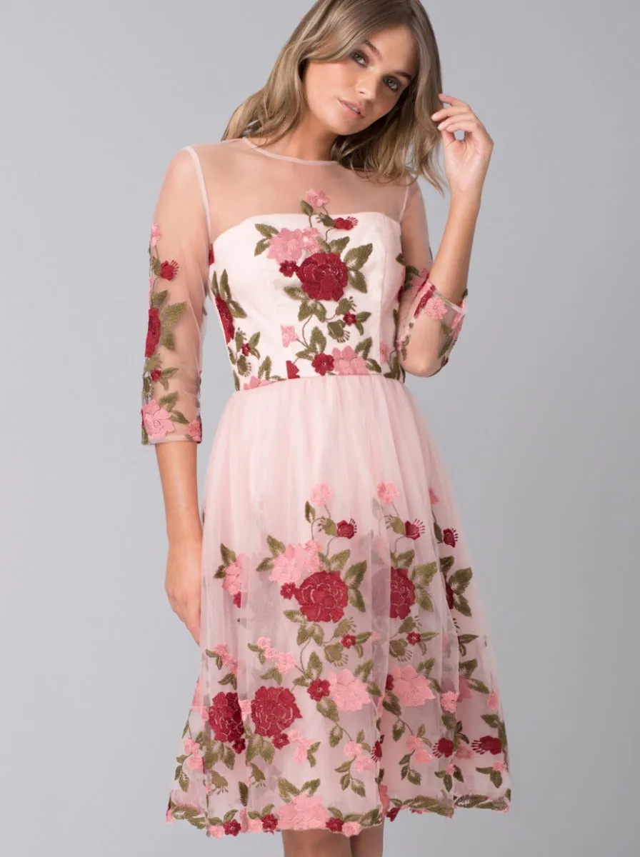 Floral Embroidered Sheer Sleeved Midi Dress in Pink sold by Chi Chi London product image thumbnail 2