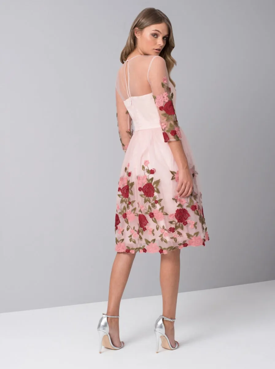 Floral Embroidered Sheer Sleeved Midi Dress in Pink sold by Chi Chi London product image thumbnail 3