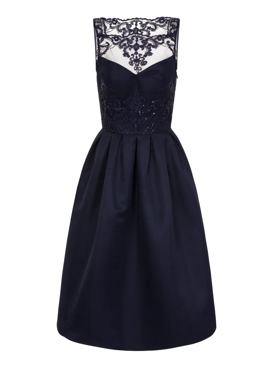 Embroidered Bodice Midi Dress in Navy sold by Chi Chi London