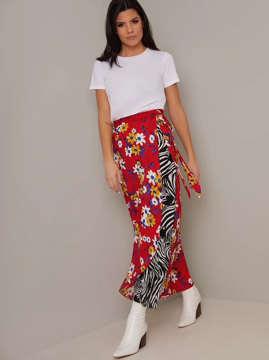 Floral Contrast Print Longline Midi Skirt in Multi sold by Chi Chi London