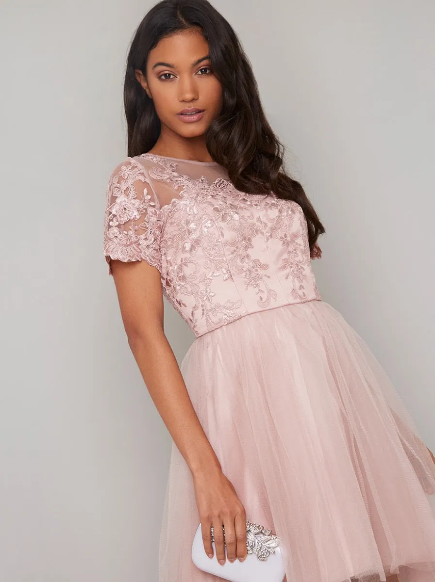 Emroidered Lace Bodice Dip Hem Midi Dress in Brown sold by Chi Chi London product image thumbnail 2