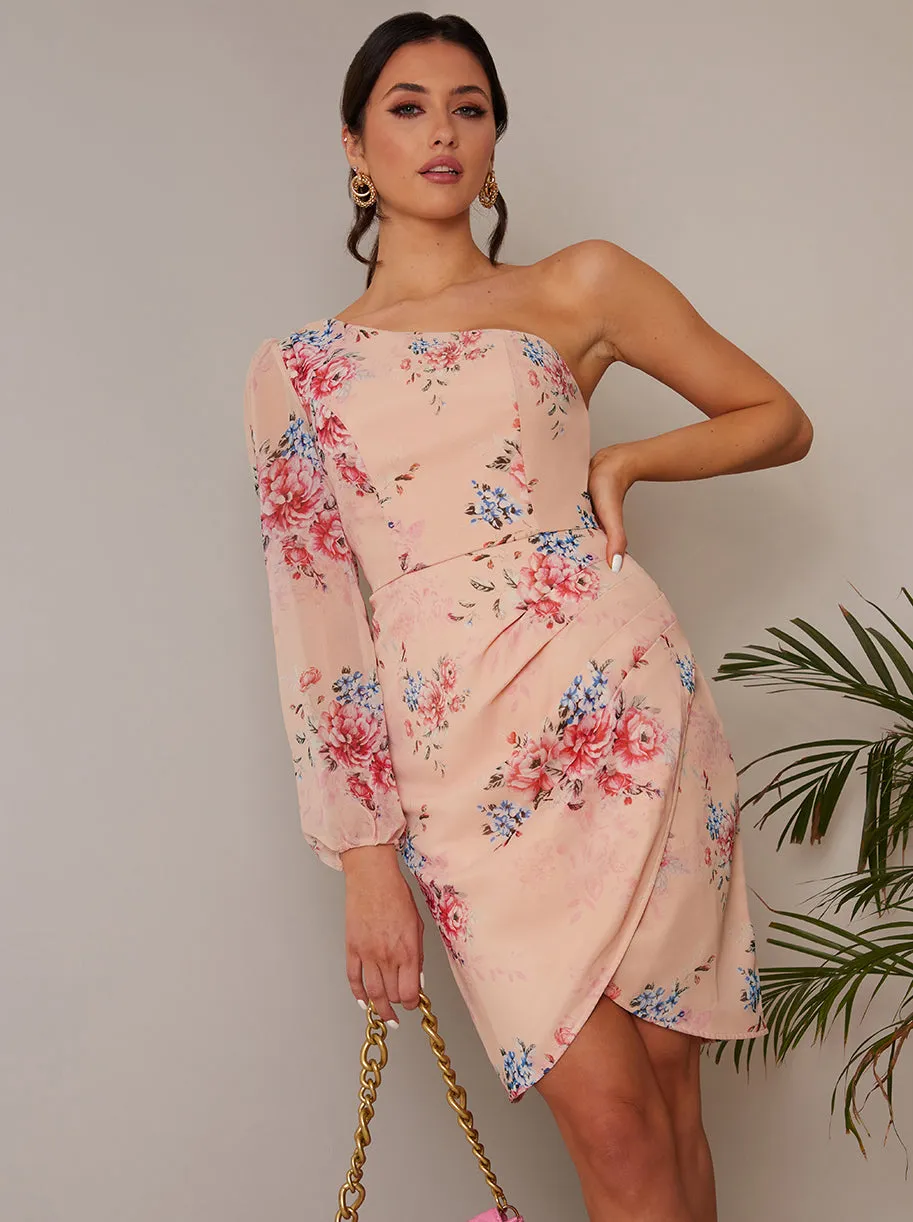 Long Sleeve One Shoulder Floral Mini Dress in Pink sold by Chi Chi London product image thumbnail 2