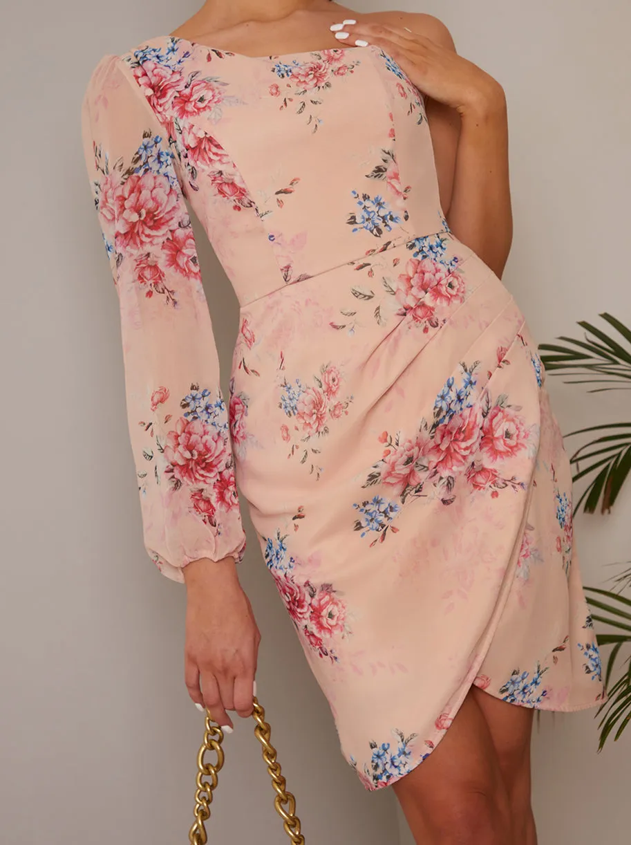 Long Sleeve One Shoulder Floral Mini Dress in Pink sold by Chi Chi London product image thumbnail 3