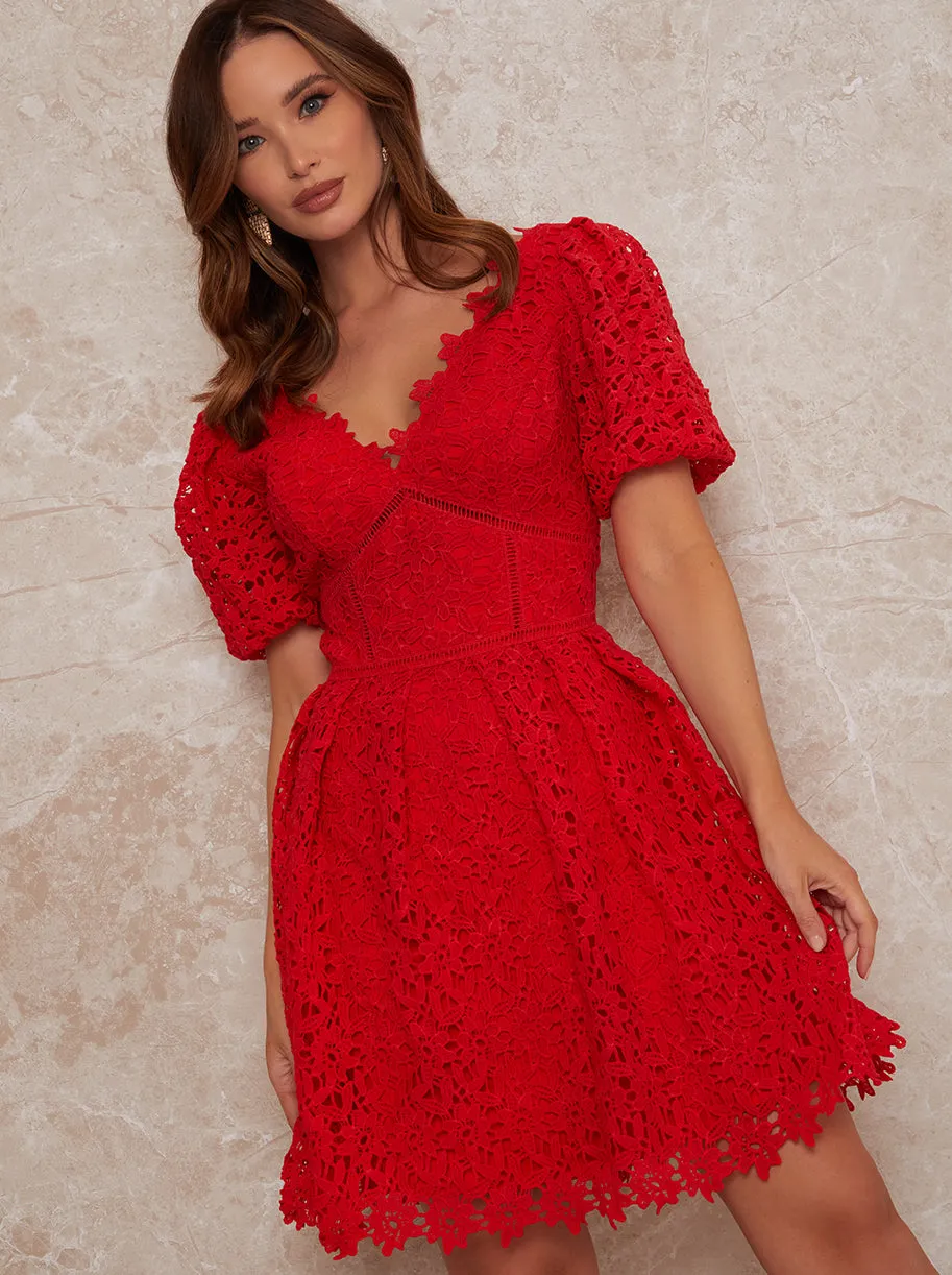 Petite V Neck Crochet Midi Dress in Red sold by Chi Chi London