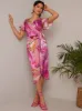 Short Sleeve V Neck Floral Midi Dress in Pink sold by Chi Chi London