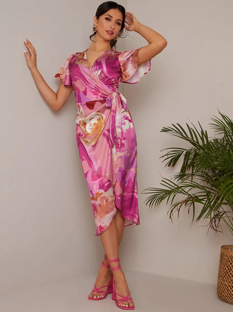 Short Sleeve V Neck Floral Midi Dress in Pink sold by Chi Chi London product image thumbnail 3