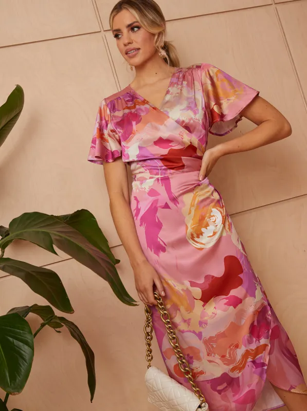 Short Sleeve V Neck Floral Midi Dress in Pink sold by Chi Chi London