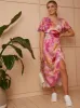 Short Sleeve V Neck Floral Midi Dress in Pink sold by Chi Chi London