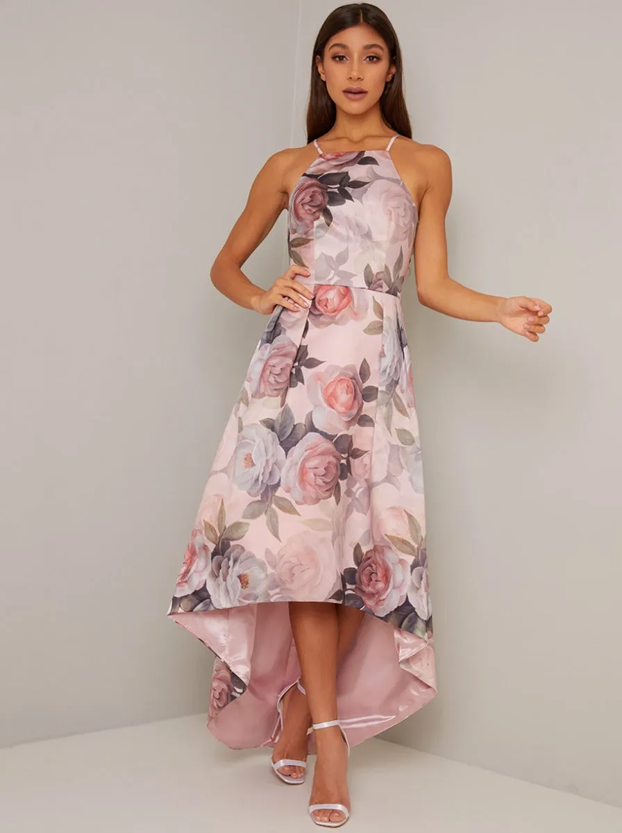Cami Strap Floral Print Dip Hem Midi Dress in Pink sold by Chi Chi London