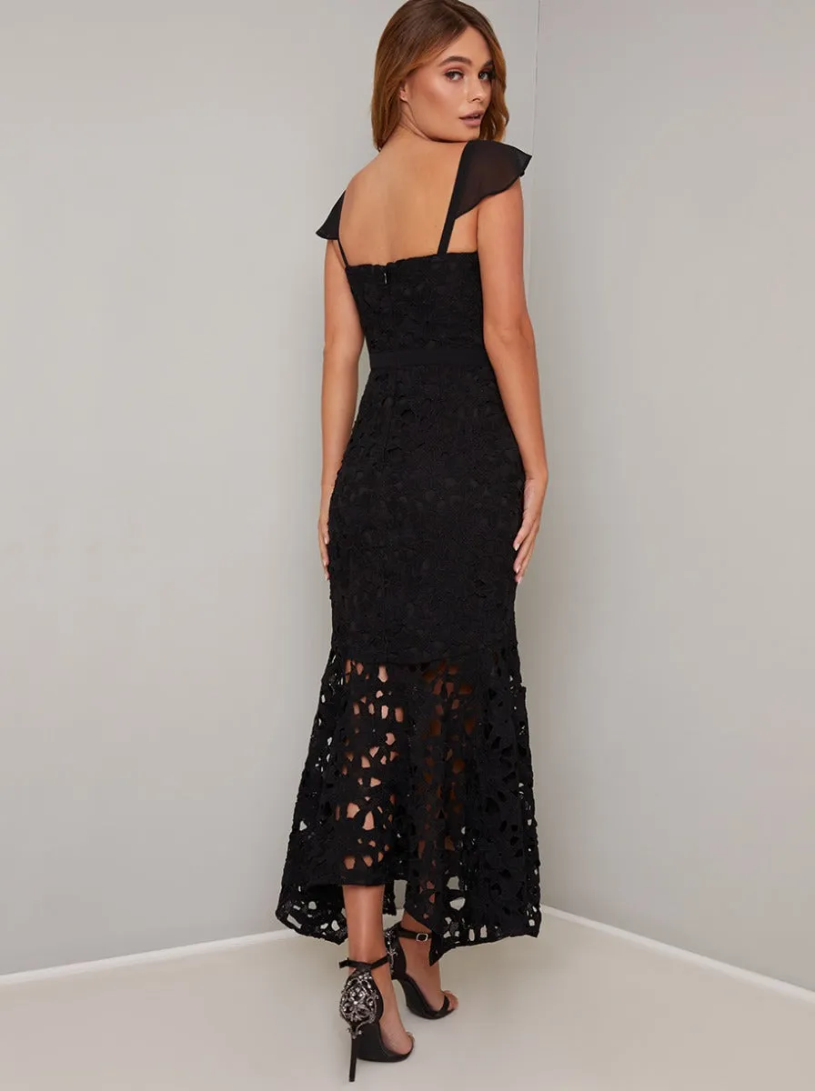 Lace Bodycon Dip Hem Dress In Black sold by Chi Chi London product image thumbnail 4