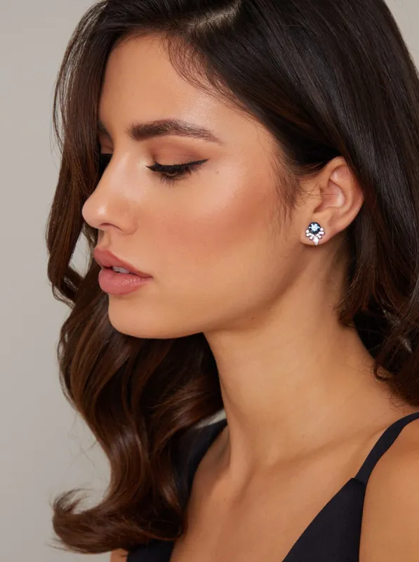 Jewelled Stud Design Earrings in Silver Finish sold by Chi Chi London