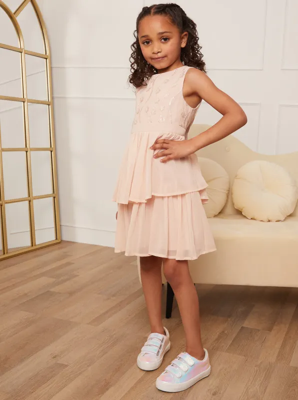 Girls Embroidered Tiered Midi Dress in Champagne sold by Chi Chi London