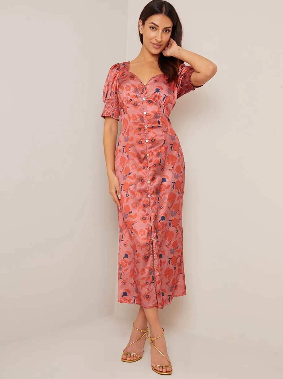 Puff Sleeve Floral Maxi Dress in Orange sold by Chi Chi London