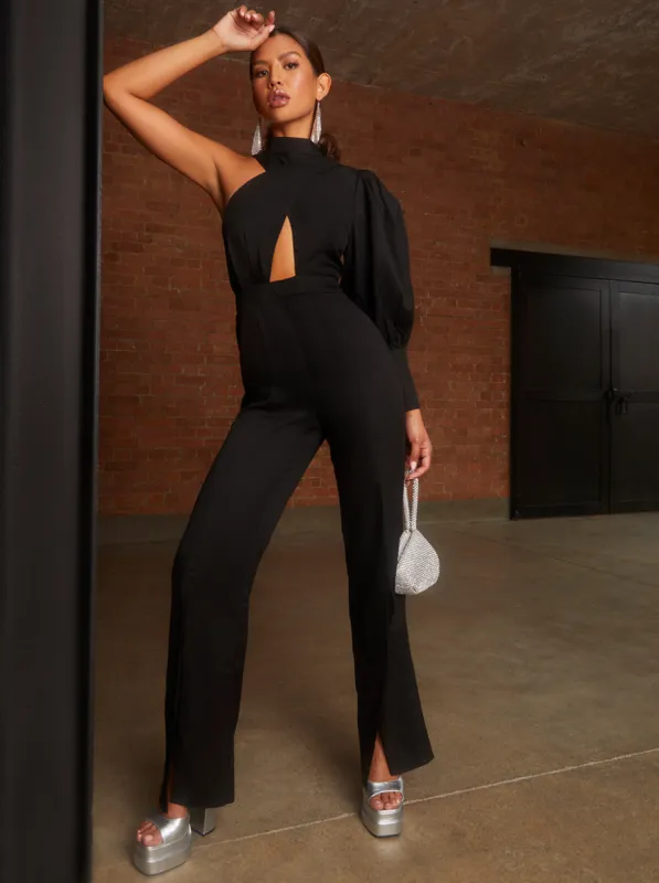One Sleeve Cut-Out Jumpsuit in Black sold by Chi Chi London