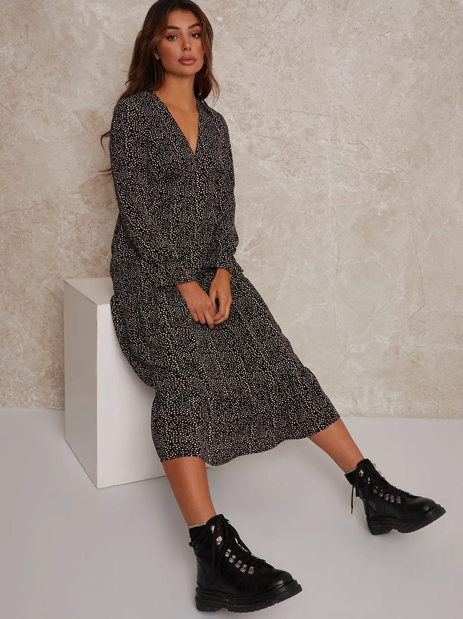 Long Sleeve V Neck Animal Print Midi Dress in Black sold by Chi Chi London product image thumbnail 4