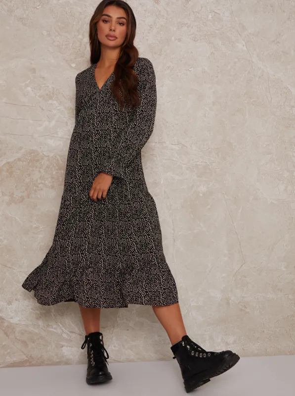 Long Sleeve V Neck Animal Print Midi Dress in Black sold by Chi Chi London