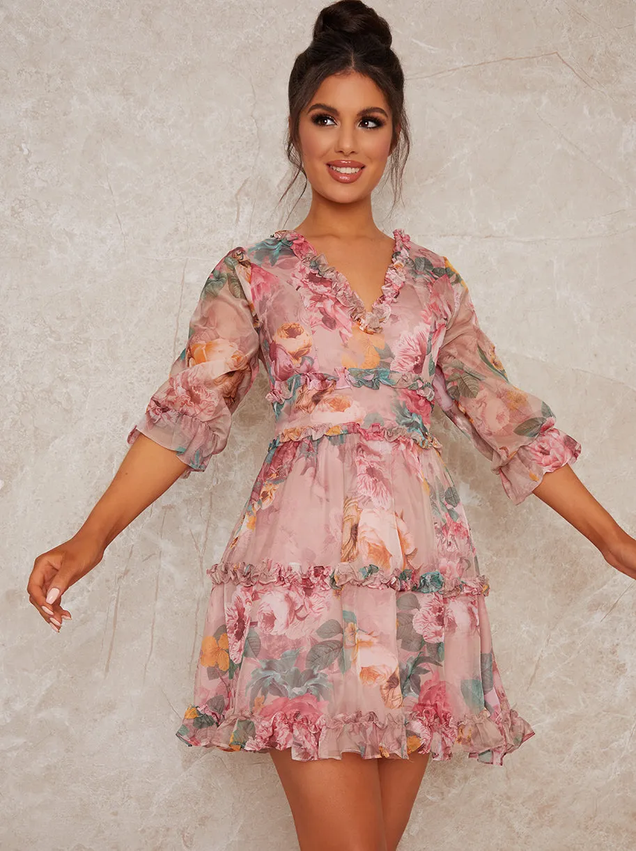 Floral Print Frill Mini Dress in Pink sold by Chi Chi London