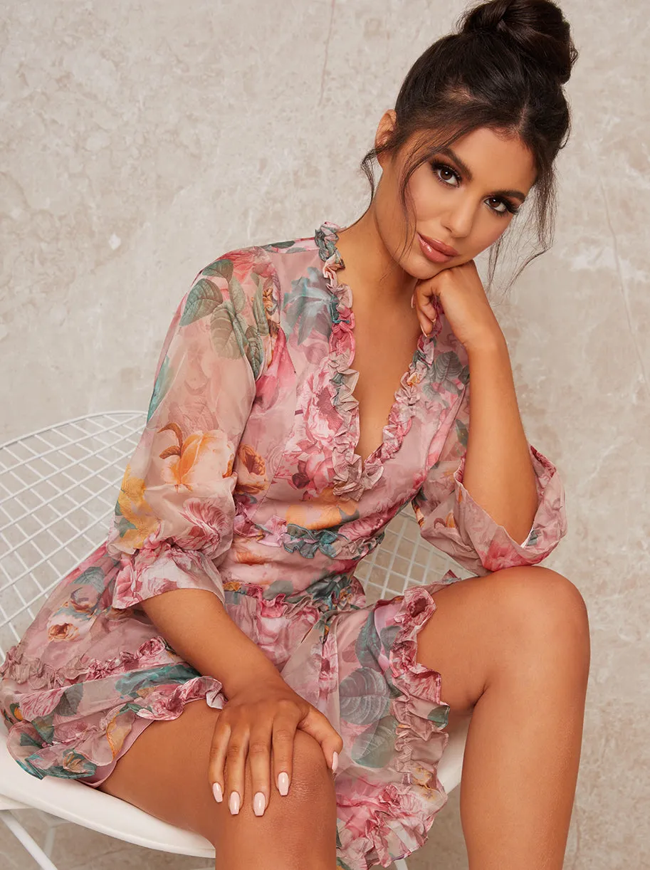 Floral Print Frill Mini Dress in Pink sold by Chi Chi London product image thumbnail 3