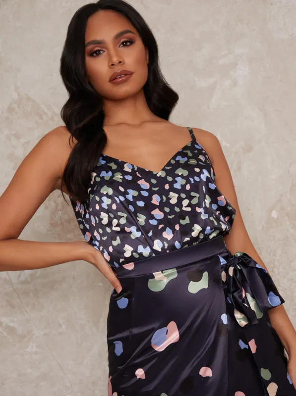 Geo Print V Neck Cami Top in Navy sold by Chi Chi London