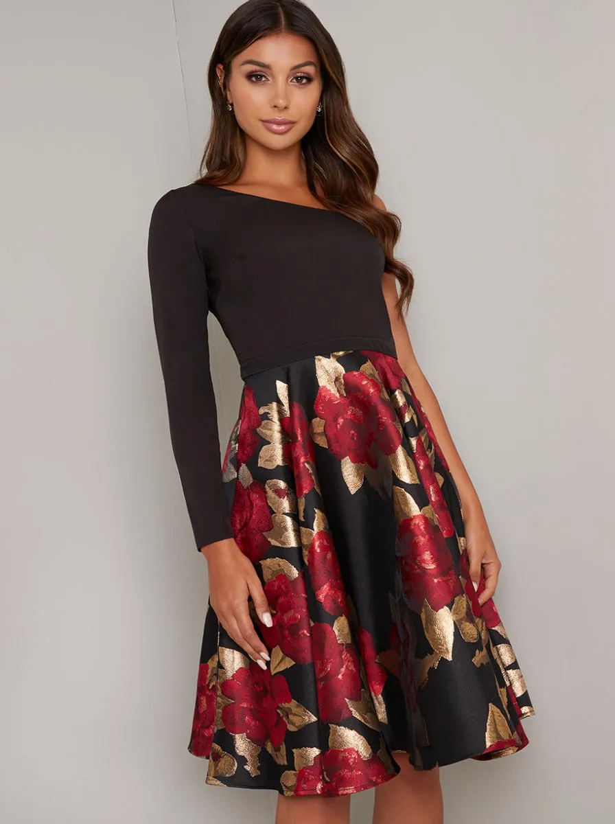 One Shoulder Jacquard Midi Dress in Black sold by Chi Chi London