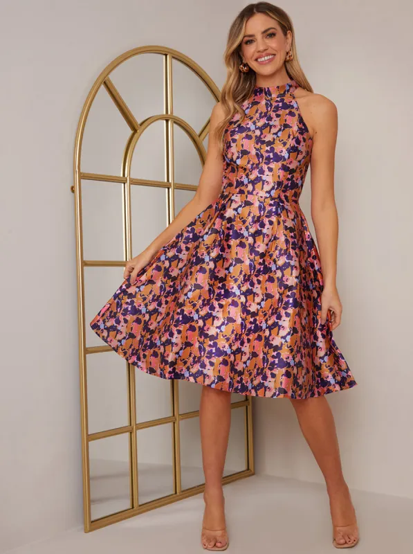 Halter Neck Abstract Print Midi Dress in Blue sold by Chi Chi London