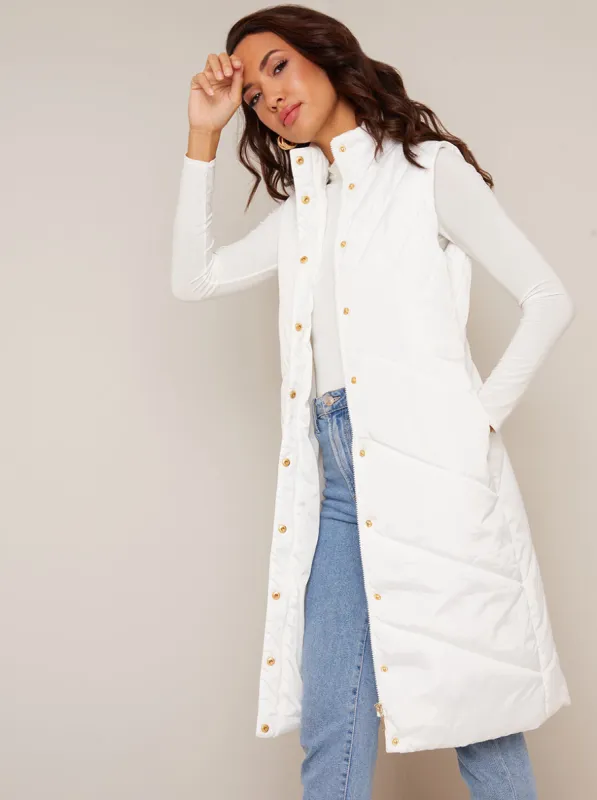 Diamond Quilt Detail Longline Padded Gilet in White sold by Chi Chi London